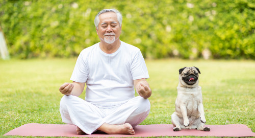 Aspire Blog - 5 Ways to Choose Happy - Man meditating with pug dog